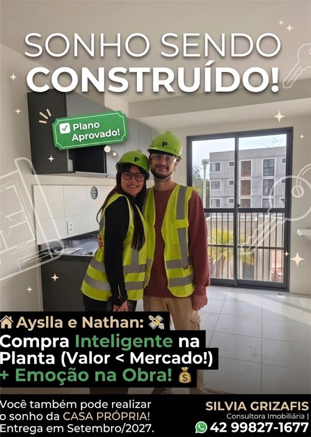 Aysla e Nathan de capacete e colete dentro do apartamento em obra